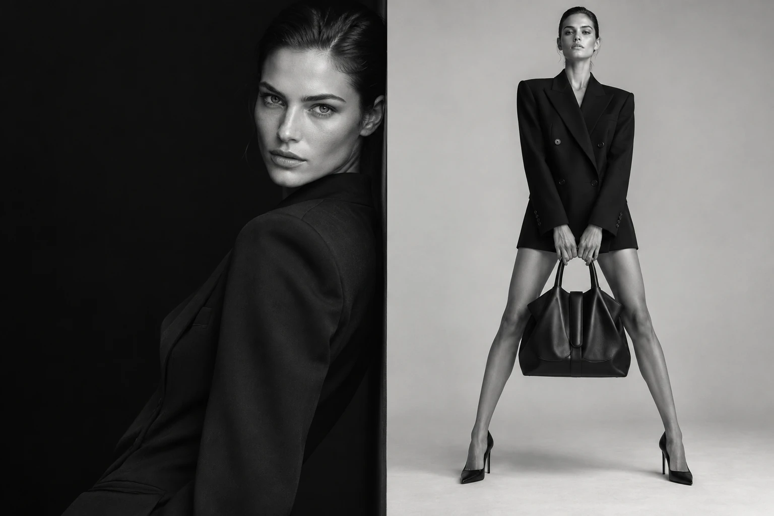 Schwarz-weißes Fashion-Diptychon: ein nahes Porträt an der Bildkante und ein Model in weiter Pose mit einer Ledertasche zwischen den Beinen.